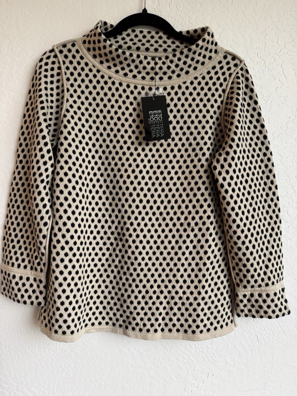 NWT Etcetera Polka Dot Knit Sweater Women's M Beige Black 3/4 Sleeve Career Chic